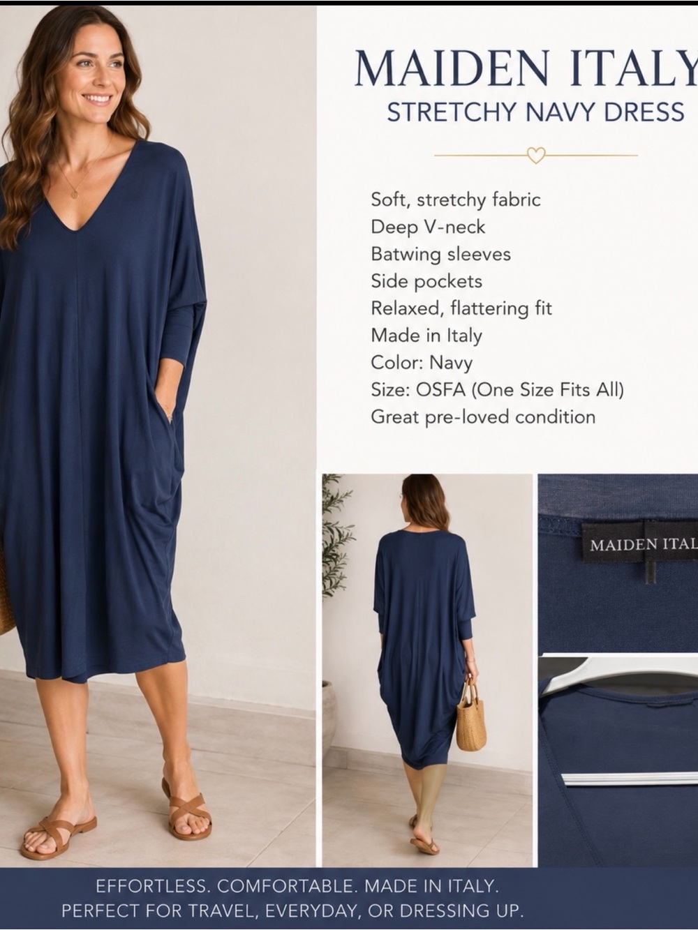 Navy V-Neck Batwing Sleeve Dress